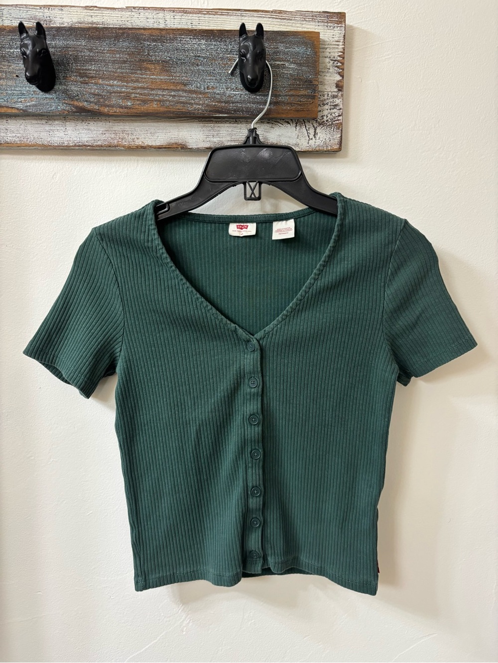 Levi's Forest Green Ribbed Button V-Neck Short Sleeve Top